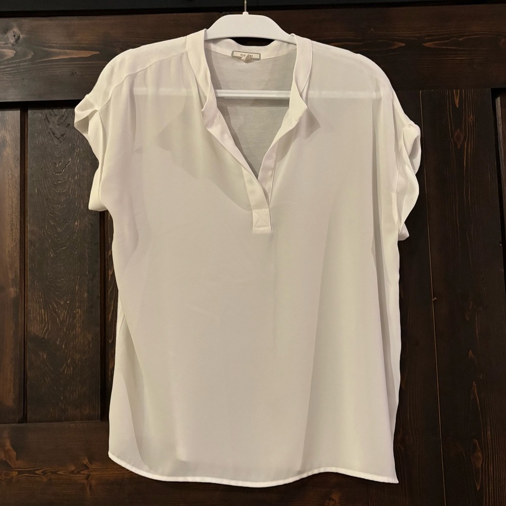 ❗️FINAL❗️Pleione White Blouse Cap Sleeve Mixed Media Medium Made in USA